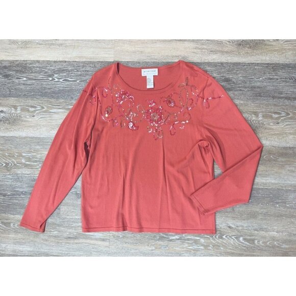 Victor Costa Occasion Sz L Orange/Pink Beaded Sequin Sweater Knit Top Womens - Picture 1 of 7